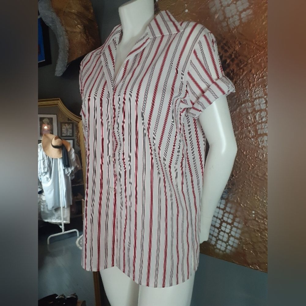 Vintage Cotton Striped Red and White Button Down Women's Top